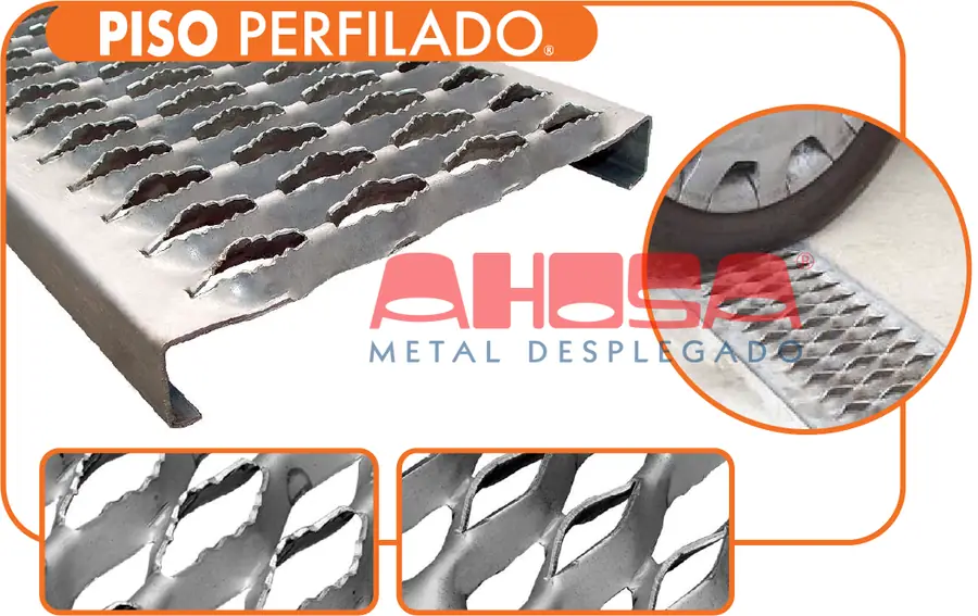 Piso Perfilado MetalCorp de AHOSA: plancha perfilada antideslizante con perforaciones en relieve, con detalle de la superficie y de una rueda apoyada sobre ella.